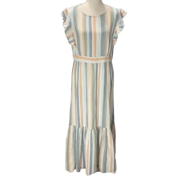 For Cynthia Striped Maxi Dress Linen Blend Pastels Short Sleeve Beachy Medium? - Picture 1 of 7